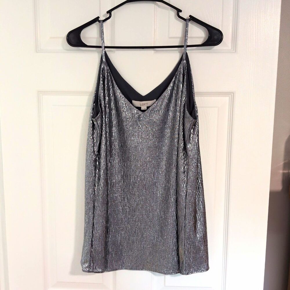 LOFT Silver Glitter Metallic Pleated V-Neck Spaghetti Strap Cami Tank M (B)